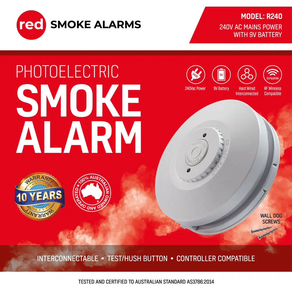 Red 240V Smoke Alarm with 9V Backup (R240)