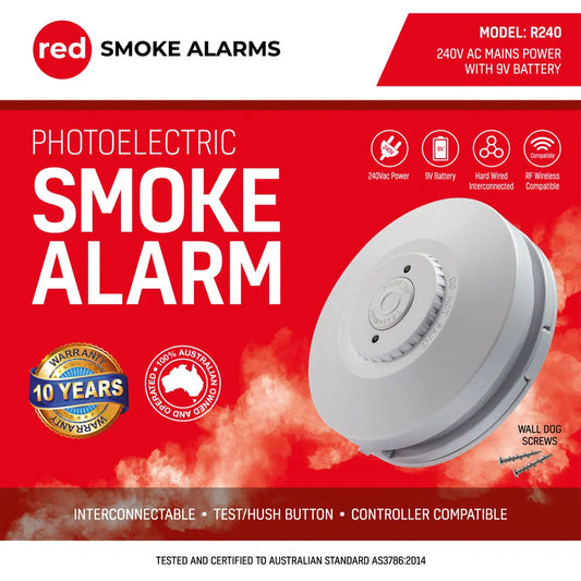 Red 240V Smoke Alarm with 9V Backup (R240)