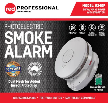 Red 240V Smoke Alarm with 9V Backup and Insect Guard (R240P)