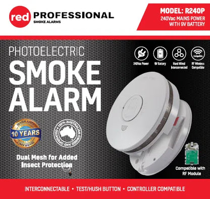 Red 240V Smoke Alarm with 9V Backup and Insect Guard (R240P)