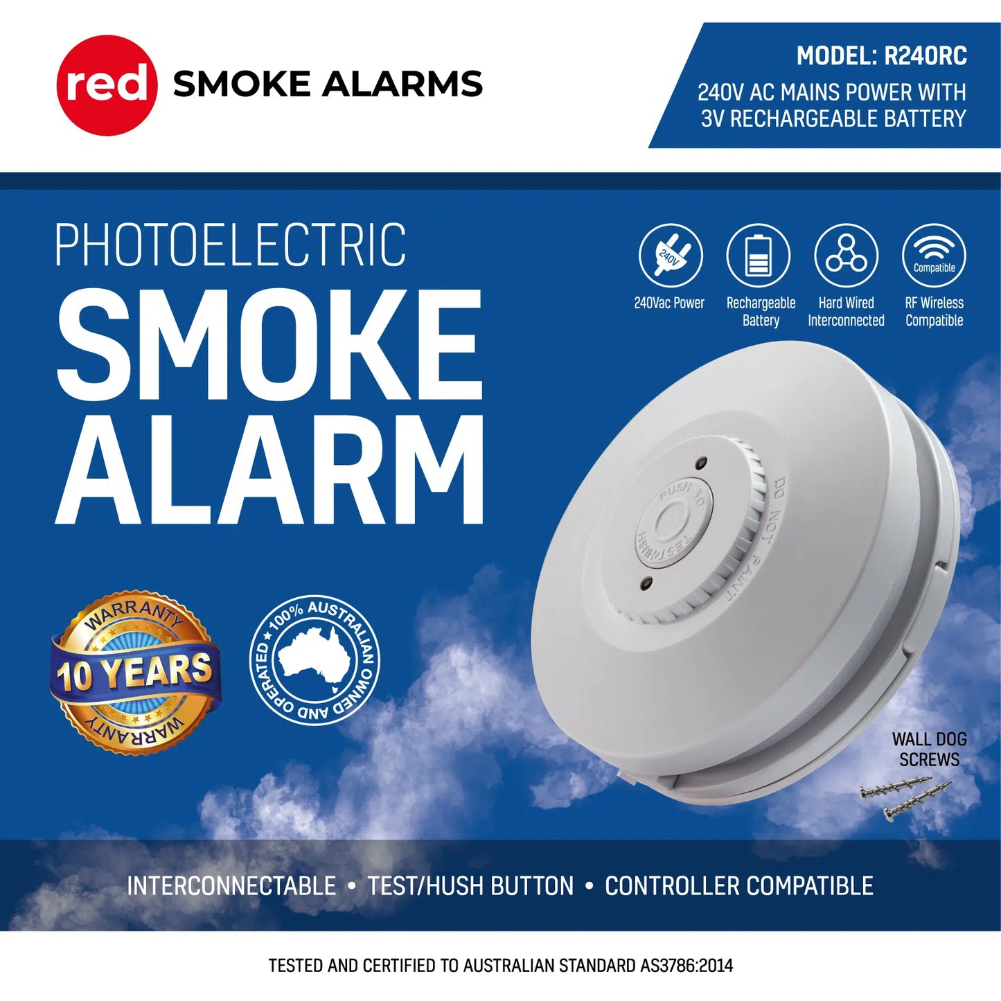 Red 240V Smoke Alarm with Rechargeable Backup (R240RC)