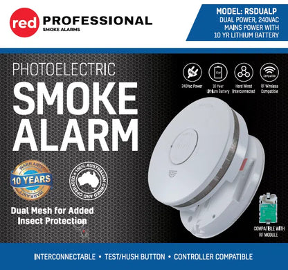 Red Dual Power Smoke Alarm 240V + 10-Year Battery (RSDUALP)